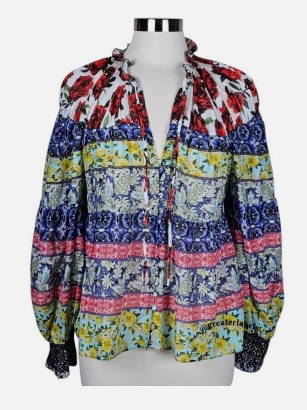 ALICE + OLIVIA Marlyn Floral Tie-Neck Button Down Tiered Blouse. Size Medium